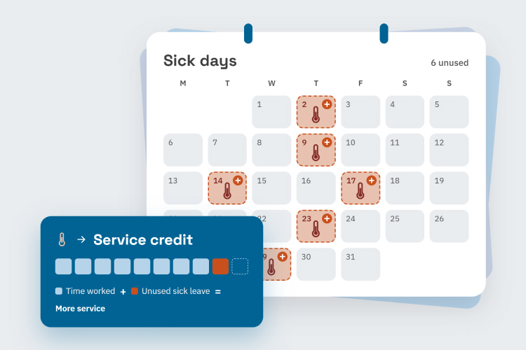 Sick days marked on a calendar and a chart showing time worked plus unused sick leave.